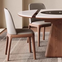Table à manger ronde de style vintage avec base en bois massif, plateau en pierre frittée, plateau tournant chauffant, extensible, pliable, gain de place