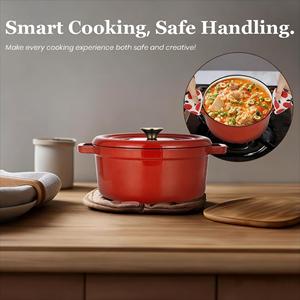 Cocotte en fonte émaillée rouge avec couvercle, compatible four jusqu'à 500°F, compatible induction et gaz - Product Image 2