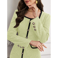 Fabricant OEM ODM sur mesure, Robe longue en tweed vert pour femme, col carré, manches longues, bordure tressée, coupe trapèze, pour soirée, hiver, logo personnalisé