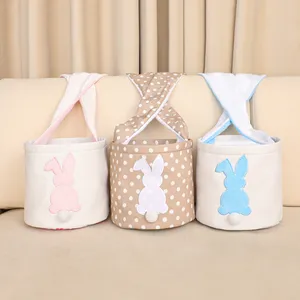 Wholesale Blue Pink Dots Wave Point Candy Canvas Bunny Gift Kids Buckets New Easter Baskets