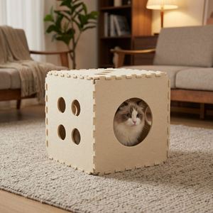 Maison pour chat en feutre pliable et résistante aux intempéries, forme carrée, fermeture adhésive, multicolore, tunnel interactif - Product Image 1