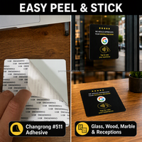 Carte de commentaires Google personnalisée en acrylique noir 12x12cm, 2mm, avec grande puce NFC 80x50mm pour un tap instantané pour évaluer, idéale pour les entreprises et les cafés