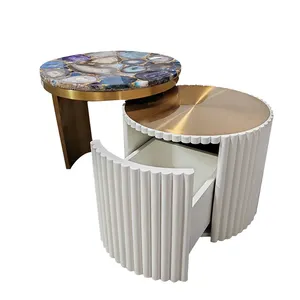 Table basse ronde télescopique rotative pour salon en agate naturelle de luxe moderne et légère pour la maison
