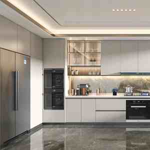 ตู้ครัวโมเดิร์นแบบสั่งทำ SANTOPOVA ตู้สูงเต็มตัว ดีไซน์มือจับซ่อน ผนังกันน้ำ MDF พร้อมแผ่นกันเปื้อน - Product Image 1