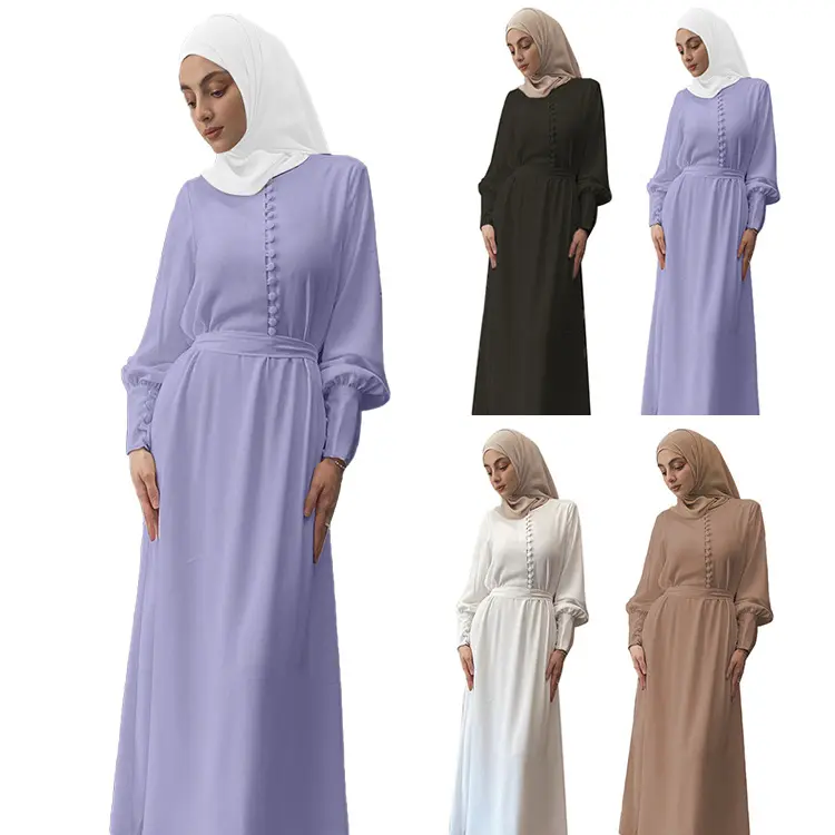 Französische Art Pure Color Chiffon Doppels chicht Maxi kleid Elegante islamische Kleidung EID Modest Muslim Chiffon Abaya mit Knopf