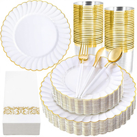 Ensemble de vaisselle jetable en plastique robuste de 175 pièces, bord ondulé, bordure dorée, assiettes à dîner, assiettes à dessert, couverts, gobelets, serviettes, élégant pour mariage