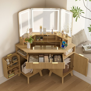 OE.HOME Modern Solid Wood 47.2" Corner Makeup Vanity Desk 3-Way Adjustable Standing Lighted <b>Mirror</b> Tempered Glass Top Charging - Product Image 2