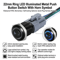 Interruptor de Botón Metálico a Prueba de Agua IP65 de 22 mm con Símbolo de Bocina, Anillo LED Iluminado, Momentáneo y con Bloqueo, 12V 24V para Automóvil