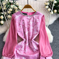 Robe décontractée élégante pour femme WIWT, imprimé floral rose, coupe trapèze, manches longues bouffantes, col orné de strass, longueur midi, pour tous les jours et les soirées