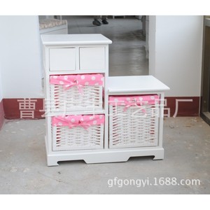 Mesita de noche de madera blanca con cestas de mimbre para almacenamiento, para muebles de dormitorio - Product Image 3