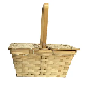 中国手工编织长方形竹编篮子礼物活动手柄和盖子