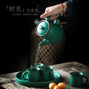 Tetera de Cerámica Verde Oscuro Esmaltada, Juego de 4 Tazas con Tapa, Estilo Retro, Juego de Té Kung Fu para Hogar u Oficina - Product Image 5