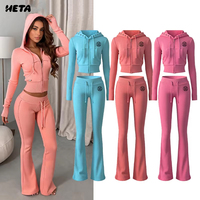 Ensemble de survêtement décontracté 2 pièces pour femme avec logo personnalisé, couleur unie, sweat à capuche zippé, mélange coton élasthanne, tenue streetwear automne