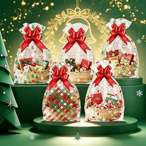 Sacs cadeaux de Noël en gros avec cordon de serrage, sacs en plastique imprimés sapin de Noël et carreaux, sacs à friandises pour fêtes de fin d'année pour enfants - Product Image 3