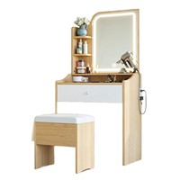 Coiffeuse blanche avec miroir LED et tabouret, bureau de maquillage avec tiroir et étagères ouvertes, ensemble de coiffeuse pour petit espace