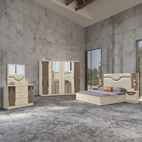 Ensemble de chambre à coucher moderne de luxe, taille king-size, 5 grands tiroirs de rangement, tête de lit beige brillante éclairée, pour villa, maison, hôtel, appartement