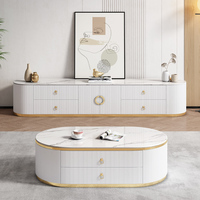 Ensemble de meuble TV et table basse ovale en bois et marbre de luxe moderne, finition dorée, pour salon, avec tiroirs, design unique et haut de gamme