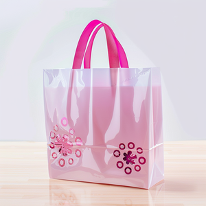 Bolsa de comida para llevar de lujo con logotipo personalizado de plástico rosa con mango transparente y embalaje reciclable de marca - Product Image 1