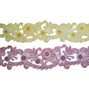 low price 3d flower lace embroidered pink bead sequin trim accessories for evening dress