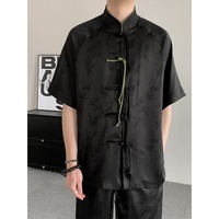 Chemise Homme Grande Taille Style Chinois Tang, Manches Courtes, Col Montant, Boutons Grenouille, Coupe Ample Décontractée, Haut d'Été pour Hommes