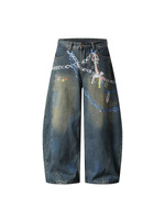 YUANBOFEI Jeans sur mesure de haute qualité, vintage, bleu brossé, imprimé Dalmatien et chaîne, coupe bootcut, jeans incurvés pour femmes