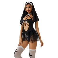 Halloween Sexy maille nonne Cosplay Lingerie tenue voir à travers la dentelle Teddy robe évider croix bas voile Costume fête