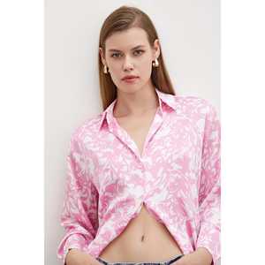 Camisa de Satén con Estampado de Cuernos para Mujer, Estampado Floral, Cierre de Botones, Uso Diario Informal, Color Rosa - Product Image 2
