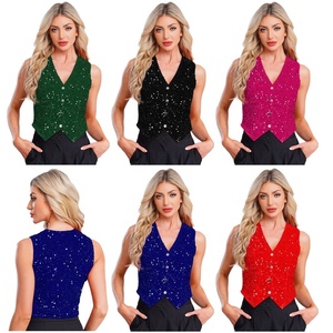 Women Fashion Performance Dancewear Solid Color V-Neck Sleeveless Sparkly <b>Sequin</b> Vest <b>Tops</b> Cocktail Party Banquet Nightclub - Product Image 1