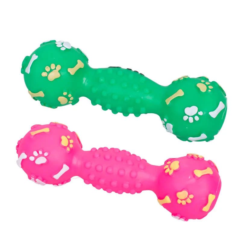 Üretici toptan yeşil pembe chew squeaky pet köpek vinil dambıl oyuncaklar