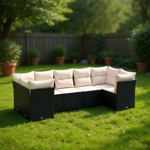 Black <b>Rattan</b> Garden <b>Sofa</b> Set With Cream Cushions 6 Seater Outdoor Furniture Contemporary Design - Product Image 2