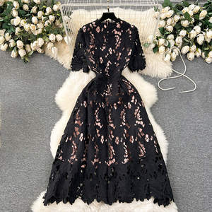 2025 nouveauté mode taille fermeture manches courtes broderie élégante robe mi-longue formelle pour les femmes - Product Image 5