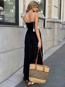 เดรสยาวลำลองปักลายดอกไม้สีดำสำหรับผู้หญิง ขายส่งปี 2025 แขนสั้นผ้าฝ้าย - Product Image 2