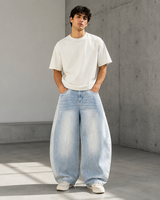 Jean ample vintage respirant et écologique pour homme, bleu clair délavé avec effet dégradé, double étiquette, coupe ballon large – Idéal pour l'hiver