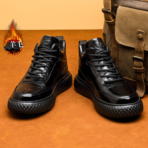 Botas de nieve para hombre, de cuero con forro de lana negra, suela gruesa, cálidas para invierno, de caña alta, con cordones, de color sólido, de piel de vaca. - Product Image 2