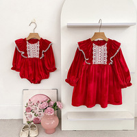 Robe-bodysuit pour bébé fille en dentelle rouge à volants, manches longues, tenue de Noël pour frères et sœurs, tenue pour nouveau-né