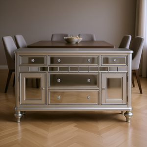 Credenza da Sala da Pranzo con 5 Cassetti e 2 Armadietti, Finitura Argento Scintillante a Specchio, Vetrina Moderna per Arredamento Casa - Product Image 2
