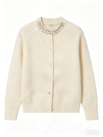 Cardigan en tricot de coton pour femme, luxe et détente, col perlé de cristaux, manches raglan, tricot côtelé épais et doux, pull tricoté pour femme