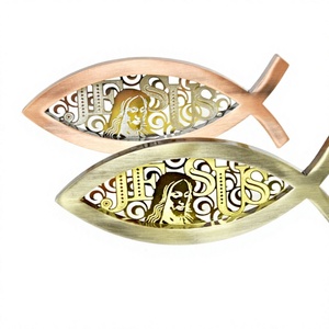 Plaque métallique Jésus Portrait Ichthus Poisson, finition bicolore, symbole chrétien, emblème Ichthus, plaque Jésus - Product Image 1