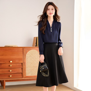 White V Neck Long Sleeve Blouse For Women Chiffon Solid Color Work Shirt With Buttons Elegant Office Wear - Product Image 2