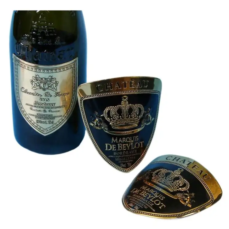 Etiqueta de seguridad de botella de vino de aluminio impermeable superbrillante champán privado personalizado etiqueta de Metal