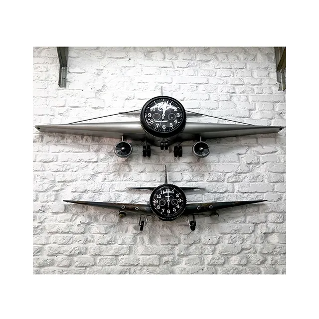Hot sale Retro wrought iron wall decoration airplane wall hanging clock and watch creative bar antique wall Clock home decor