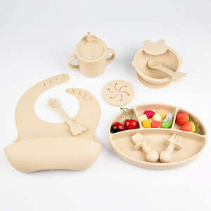 Ensemble de repas pour enfants en silicone sans BPA, design de dessin animé, comprenant une tasse d'apprentissage, une attache-<span class=keywords><strong>sucette</strong></span>, une bavette, une fourchette, une cuillère - réutilisable avec boîte cadeau - Product Image 2