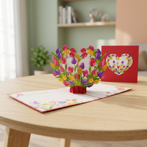Biglietto d'Auguri 3D Pop-Up a Forma di Cuore con Tulipani Fatti a Mano, Tendenza del Momento, Regalo in Carta Artigianale Vietnam Hanoi, Stile Anime Personalizzato per la Festa della Mamma e San Valentino - Product Image 5