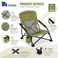 Chaise de plage portable avec accoudoirs, porte-gobelet et capacité de charge de 120 kg pour pique-nique, pêche, plage