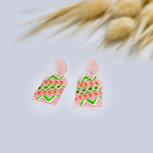 Orecchini Dipinti PENDIENTE Rosa Verde con Motivo Geometrico, Gioielli Statement, Accessori Moda - Product Image 2