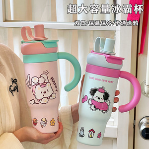 Outdoor Travel Car Mug With Cartoon Print Insulated Handle Straw Lid <b>Thermos</b> - Product Image 3