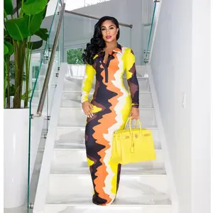 J & H 2023 Desain Baru Chic Tie Dye Cetak Maxi Shirt Dress Wanita Kasual Lengan Panjang Bodycon Maxi Dress Elegant Fall Dresses