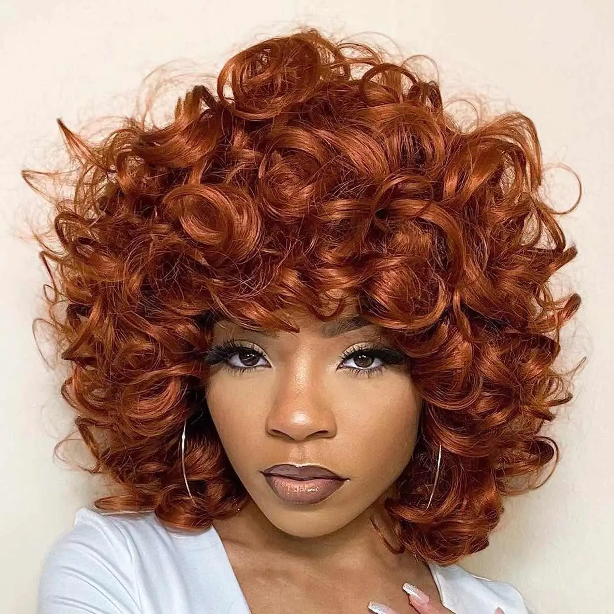 G&T Wig Afro Curly Wig with Bangs Glueless Wear and Go Copper Red Hair Big Bouncy Fluffy Short Kinky Curly Wig