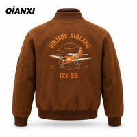 Blouson aviateur vintage marron pour homme, broderie avion, doublure orange, col baseball, style décontracté, vente en gros