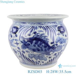 RZSD03 Pot de fleurs en céramique bleu et blanc à motif de poisson <span class=keywords><strong>avec</strong></span> tête de lion pour l'intérieur et le jardin <span class=keywords><strong>Réservoir</strong></span> <span class=keywords><strong>d</strong></span>'<span class=keywords><strong>eau</strong></span> - Product Image 2